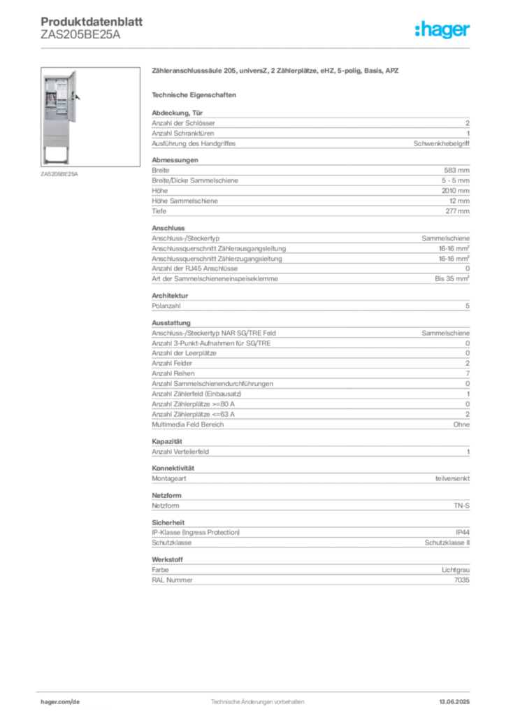 Bild Hager Produktdatenblatt ZAS205BE25A | Hager Deutschland