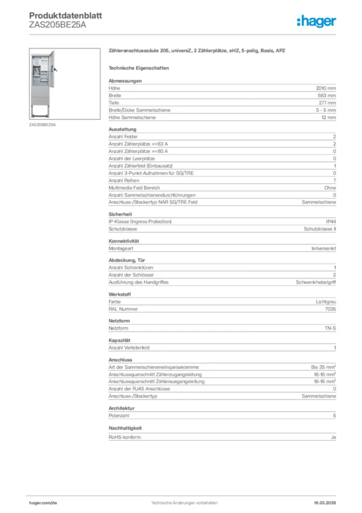 Bild Hager Produktdatenblatt ZAS205BE25A | Hager Deutschland