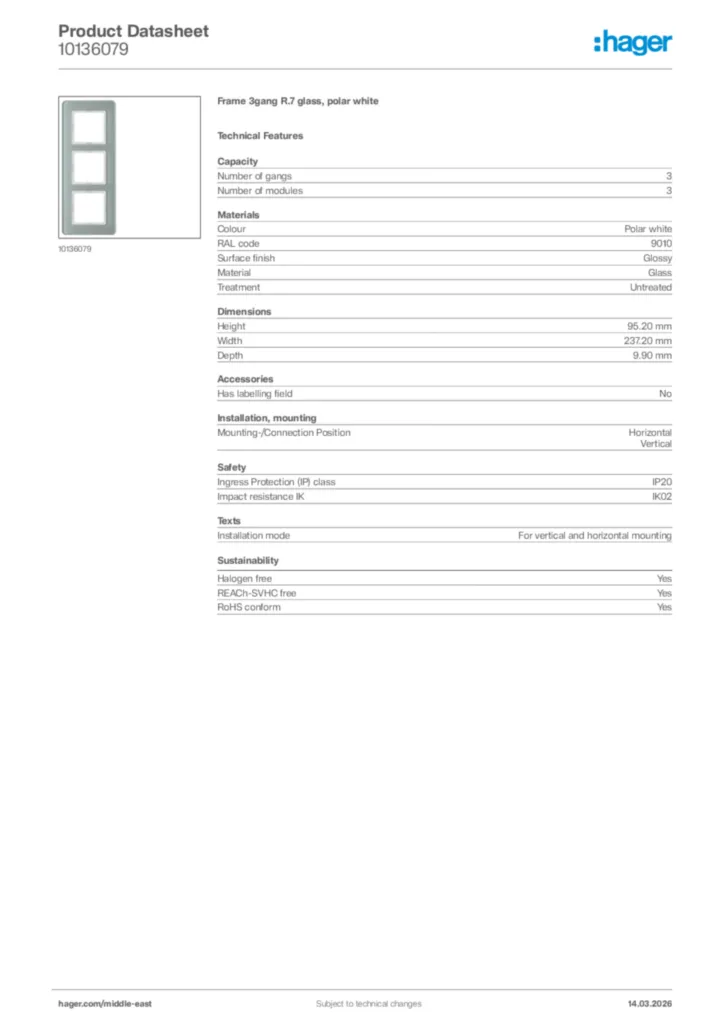 Image Hager Product data sheet 10136079  | Hager
