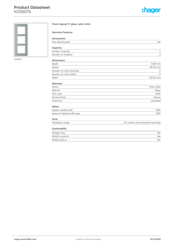 Image Hager Product data sheet 10136079  | Hager