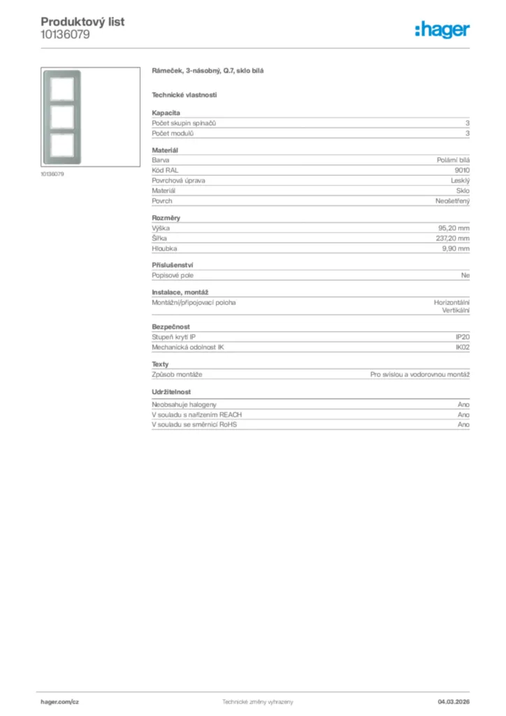 Obrázek Hager Product data sheet 10136079 | Hager