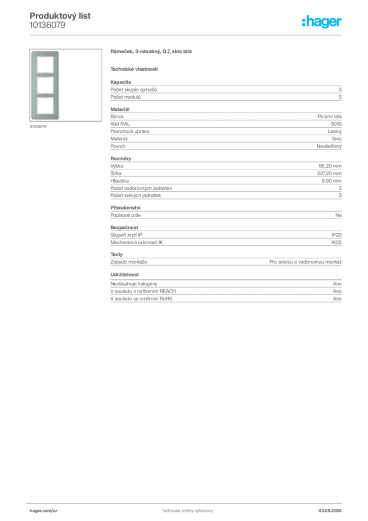 Obrázek Hager Produktový list 10136079 | Hager