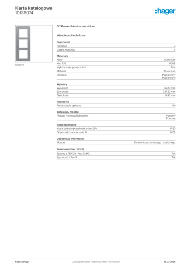 Zdjęcie Hager Karta katalogowa 10136074 | Hager Polska