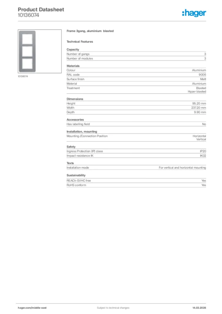 Image Hager Product data sheet 10136074  | Hager