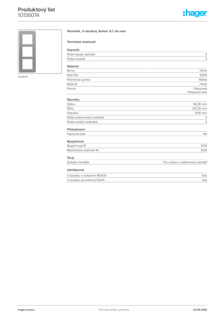 Obrázek Hager Produktový list 10136074 | Hager