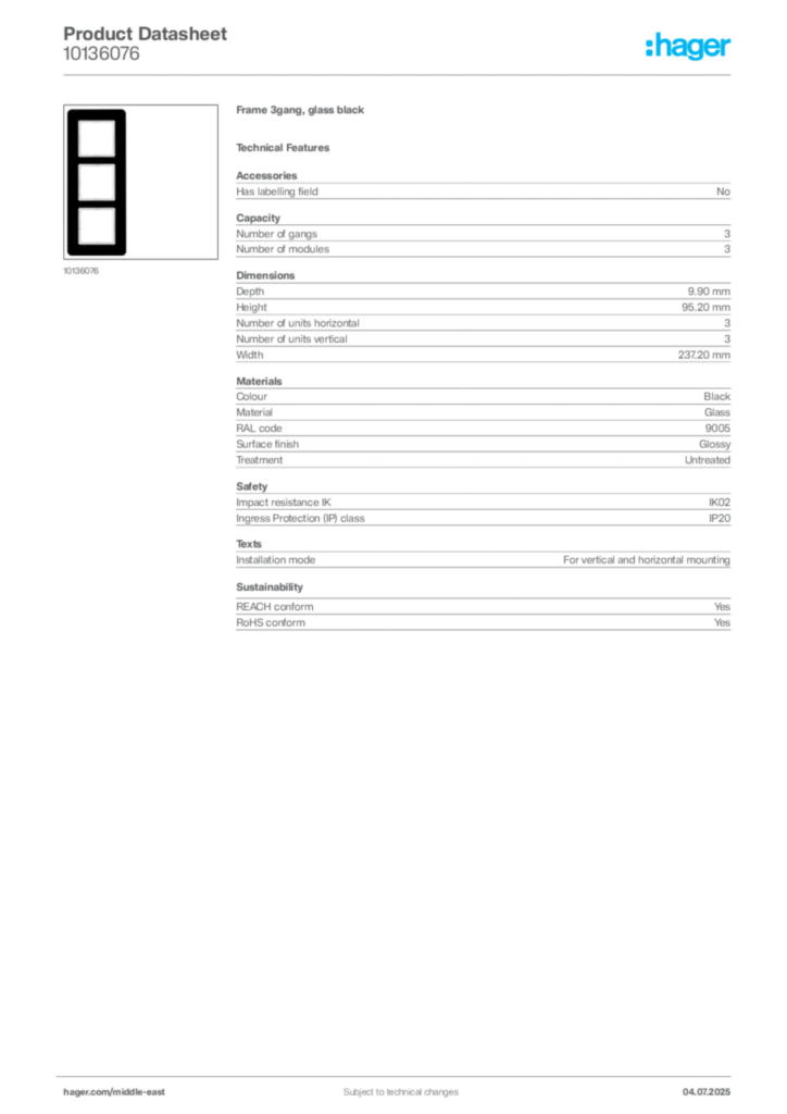 Image Hager Product data sheet 10136076  | Hager