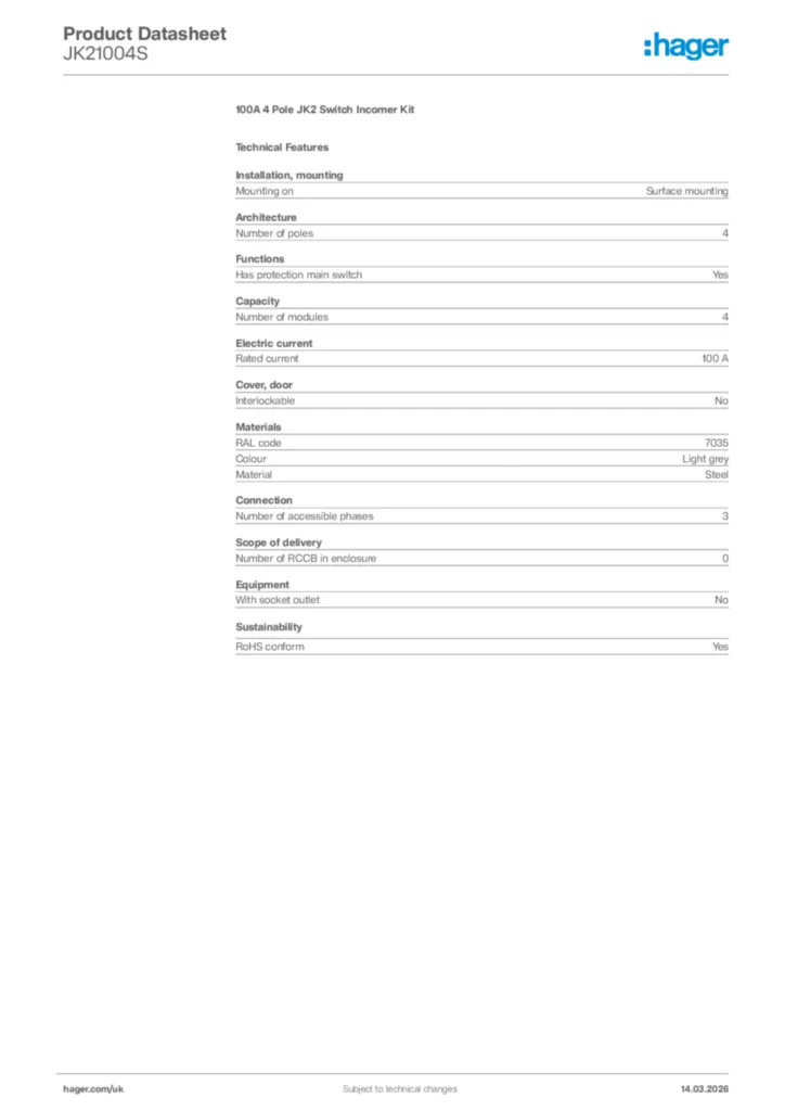 Image Hager Product data sheet JK21004S  | Hager