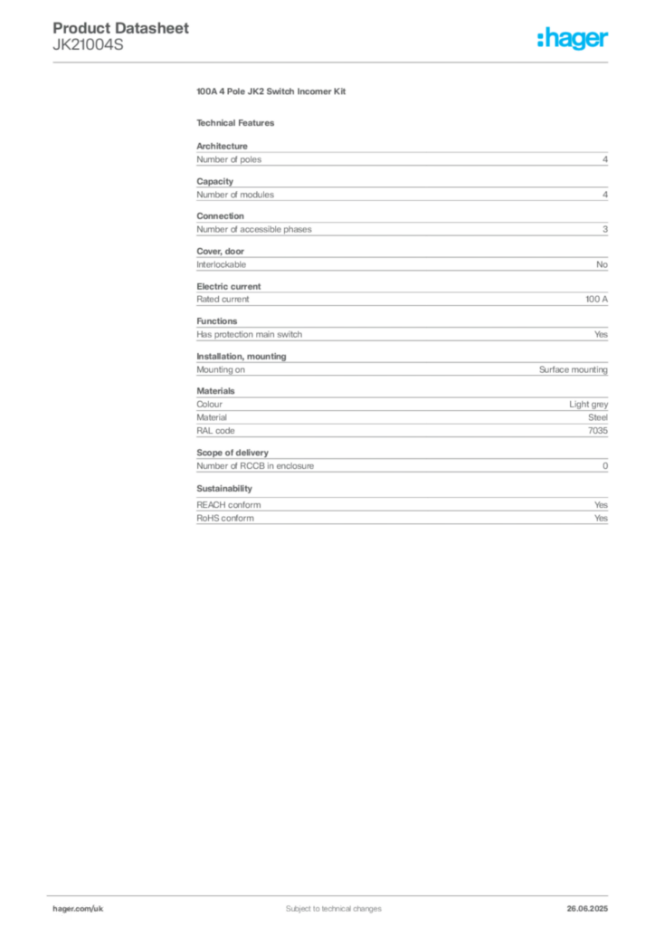 Image Hager Product data sheet JK21004S  | Hager