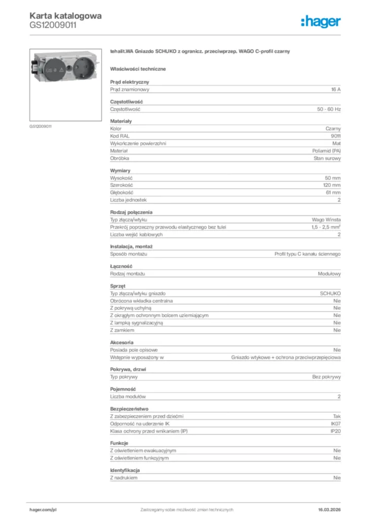 Zdjęcie Hager Karta katalogowa GS12009011 | Hager Polska