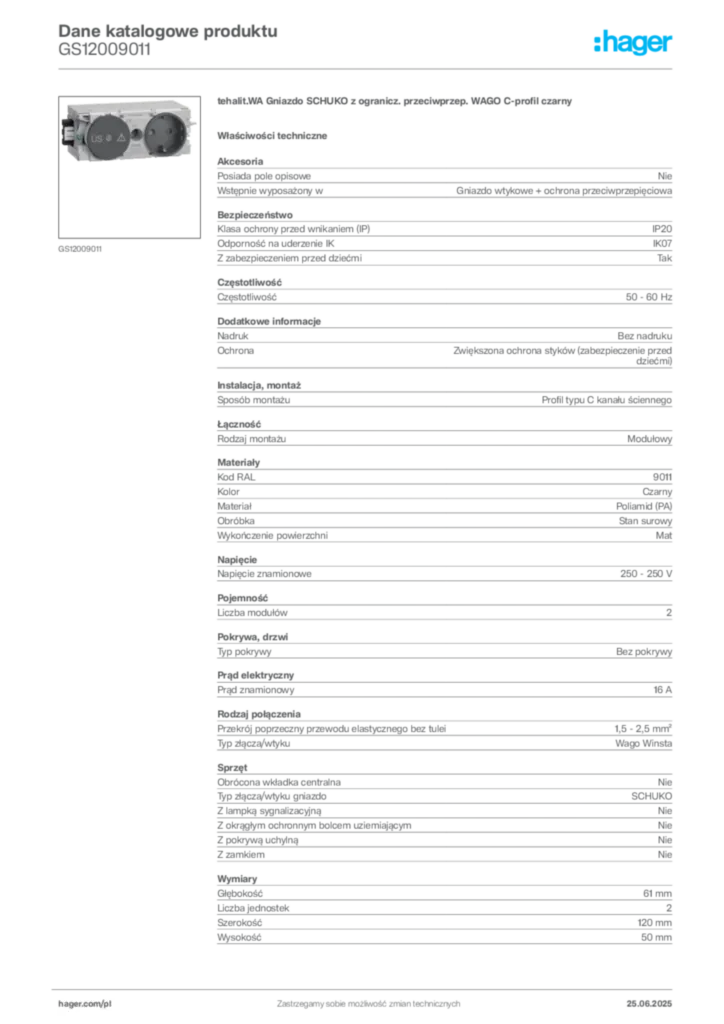 Zdjęcie Hager Karta katalogowa GS12009011 | Hager Polska