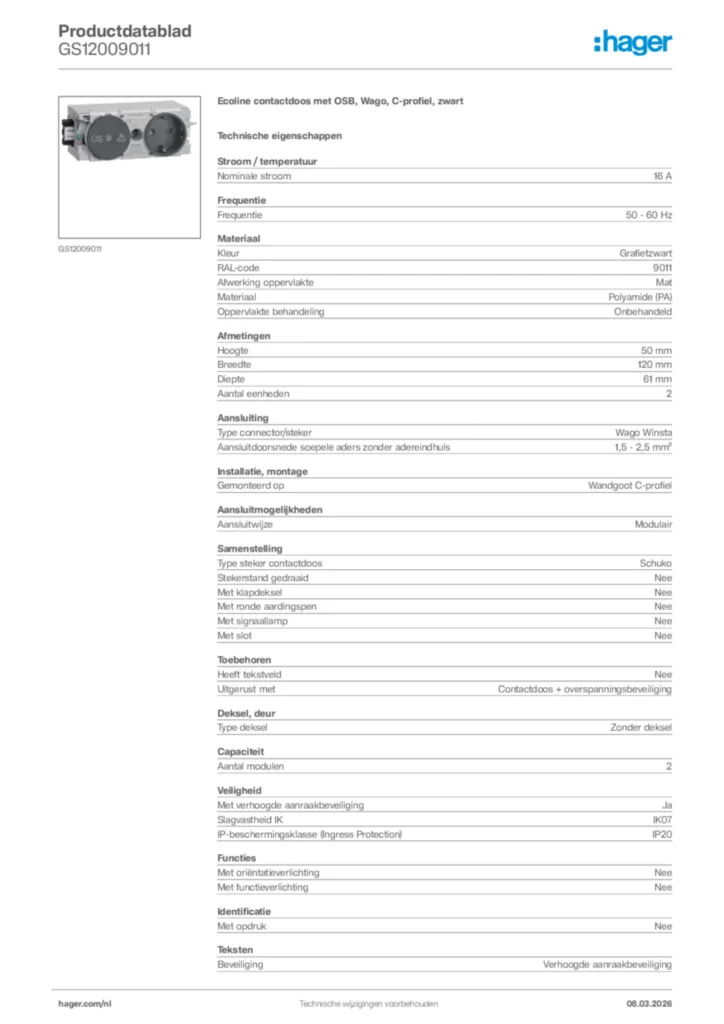 Afbeelding Hager Productdatablad GS12009011 | Hager Nederland