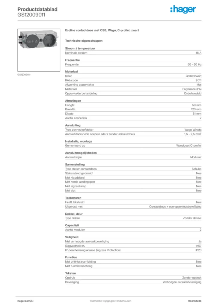 Afbeelding Hager Productdatablad GS12009011 | Hager Nederland