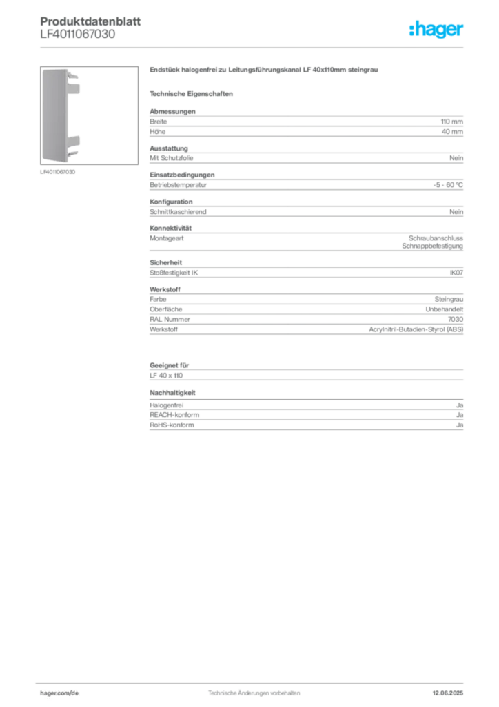 Bild Hager Produktdatenblatt LF4011067030 | Hager Deutschland