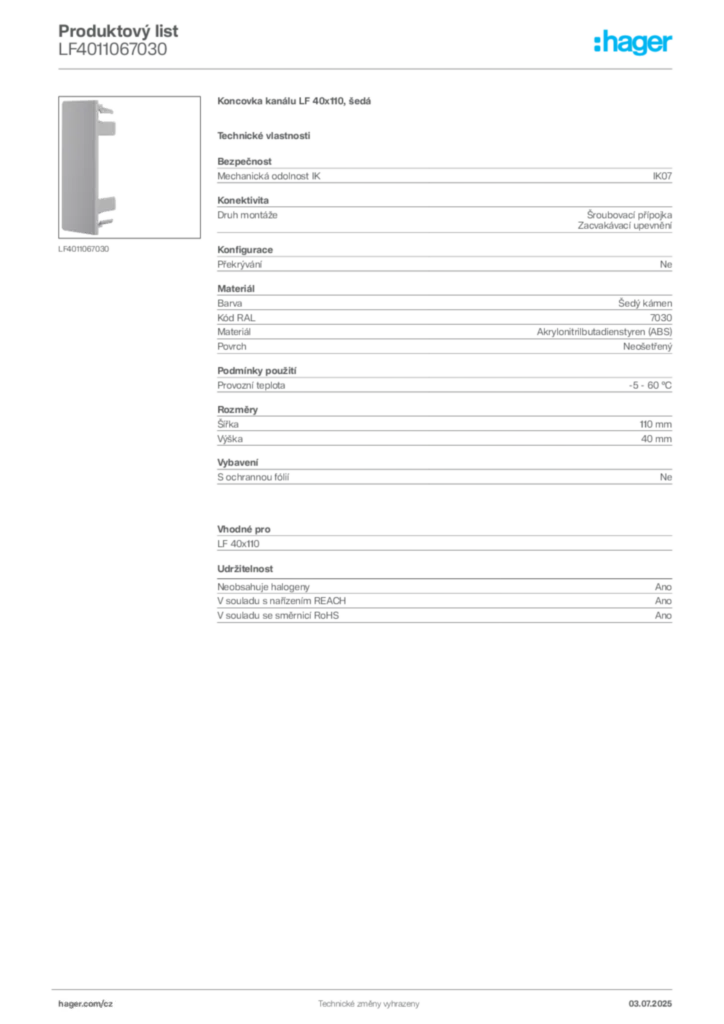 Obrázek Hager Produktový list LF4011067030 | Hager