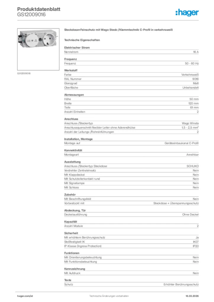 Bild Hager Produktdatenblatt GS12009016 | Hager Deutschland