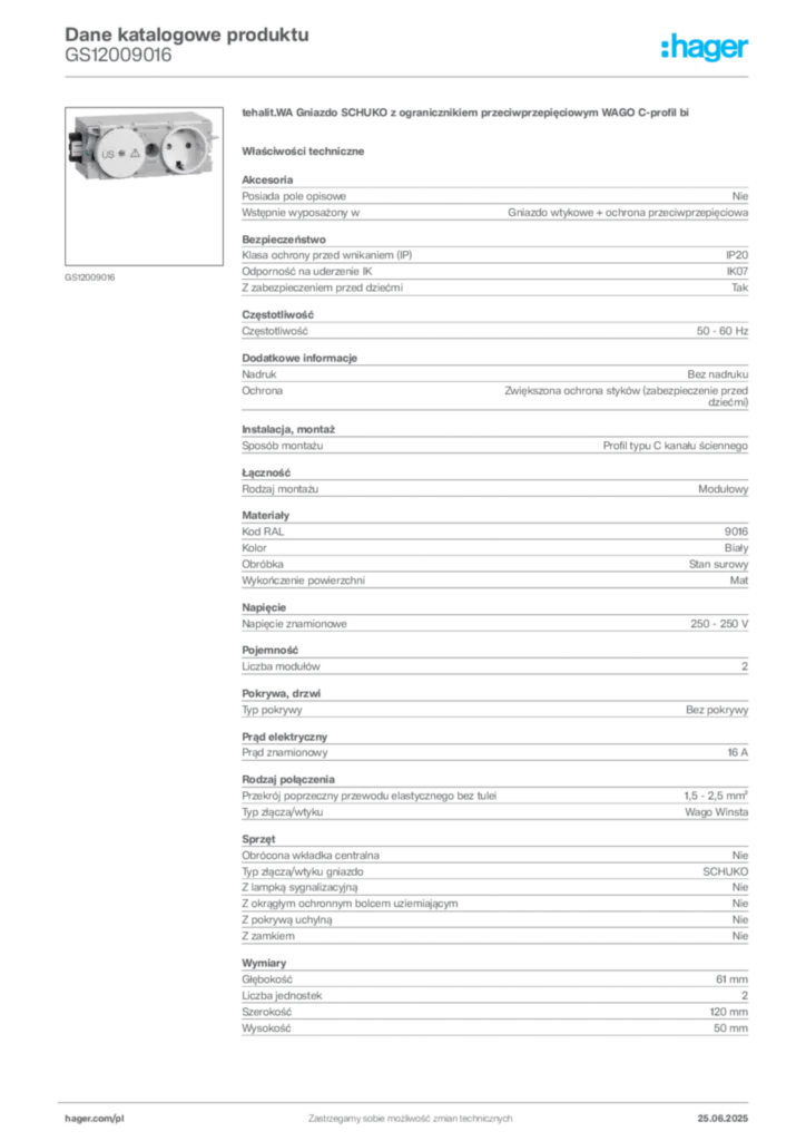 Zdjęcie Hager Karta katalogowa GS12009016 | Hager Polska