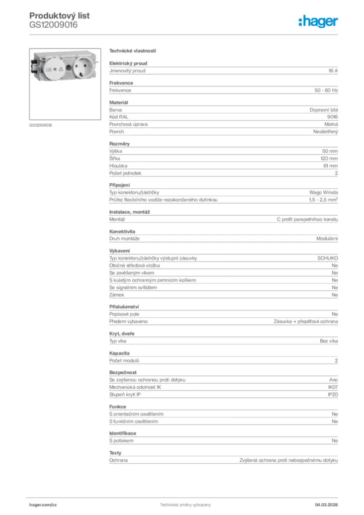 Obrázek Hager Product data sheet GS12009016 | Hager