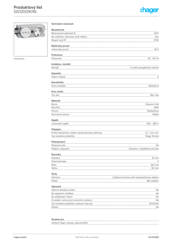 Obrázek Hager Produktový list GS12009016 | Hager