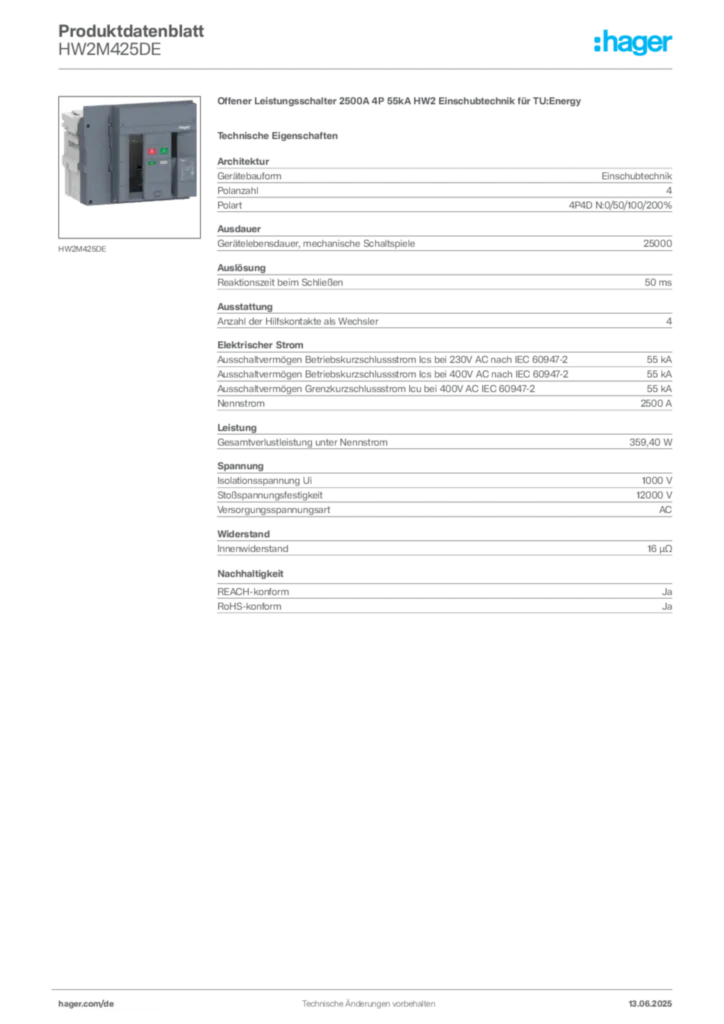 Bild Hager Produktdatenblatt HW2M425DE | Hager Deutschland