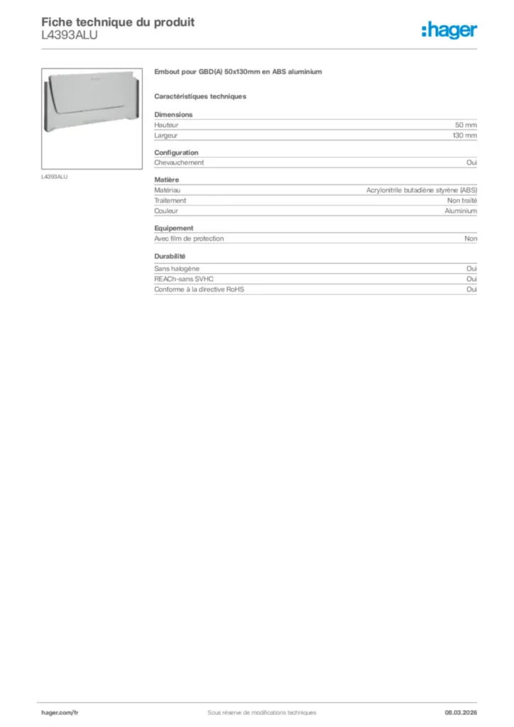 Image Hager Fiche technique du produit L4393ALU | Hager France