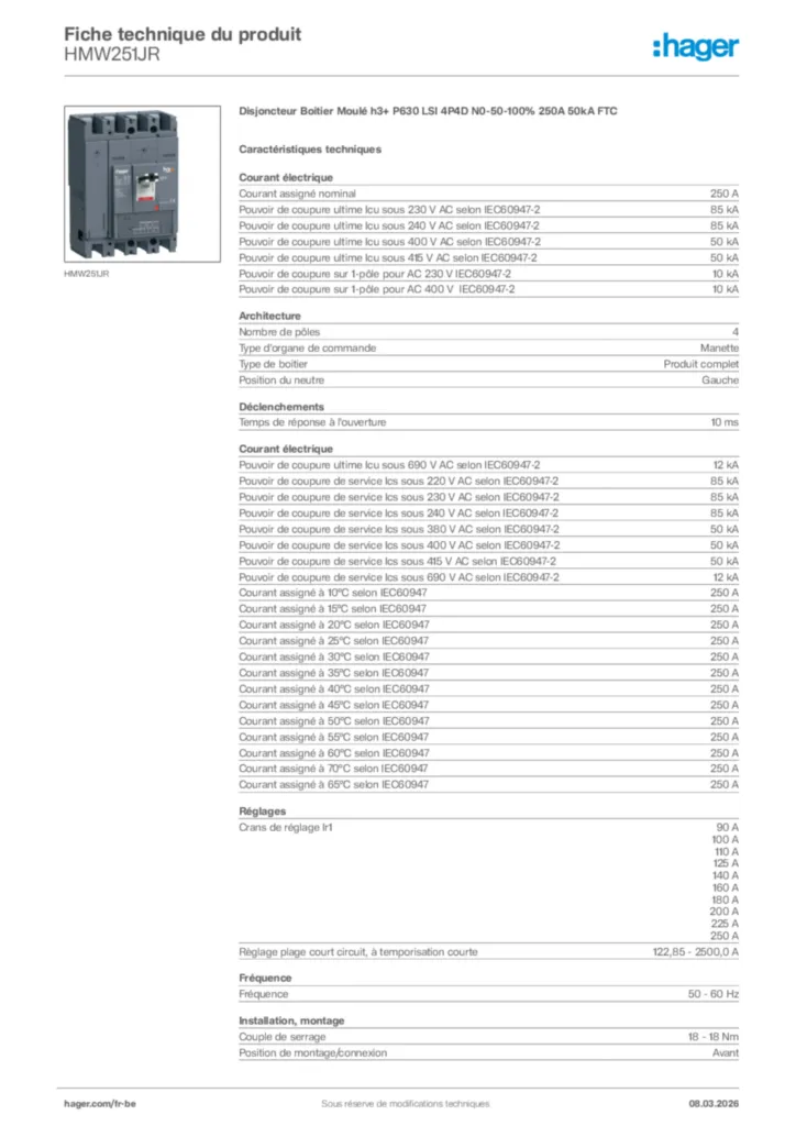 Image Hager Fiche technique du produit HMW251JR | Hager Belgique