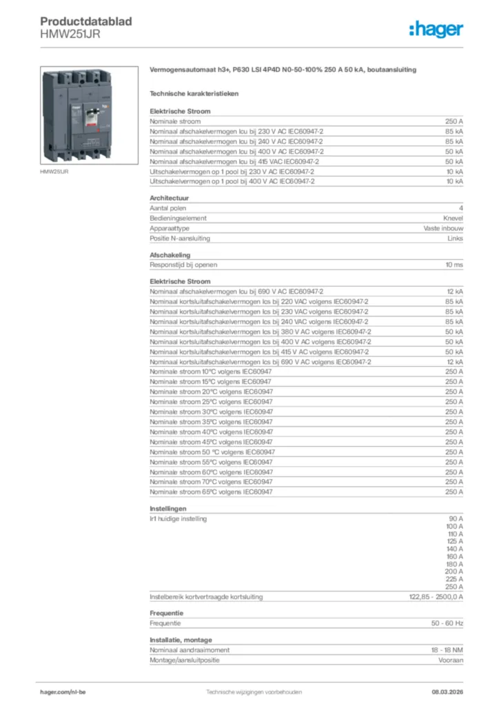 Afbeelding Hager Productdatablad HMW251JR | Hager Belgium