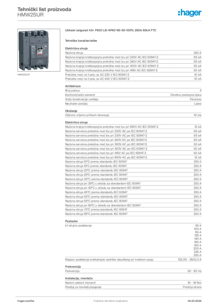 Slika Hager Tehnički list proizvoda HMW251JR  | Hager