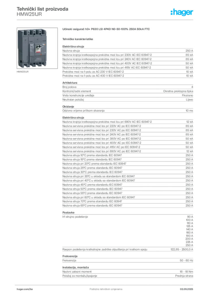 Slika Hager Tehnički list proizvoda HMW251JR  | Hager