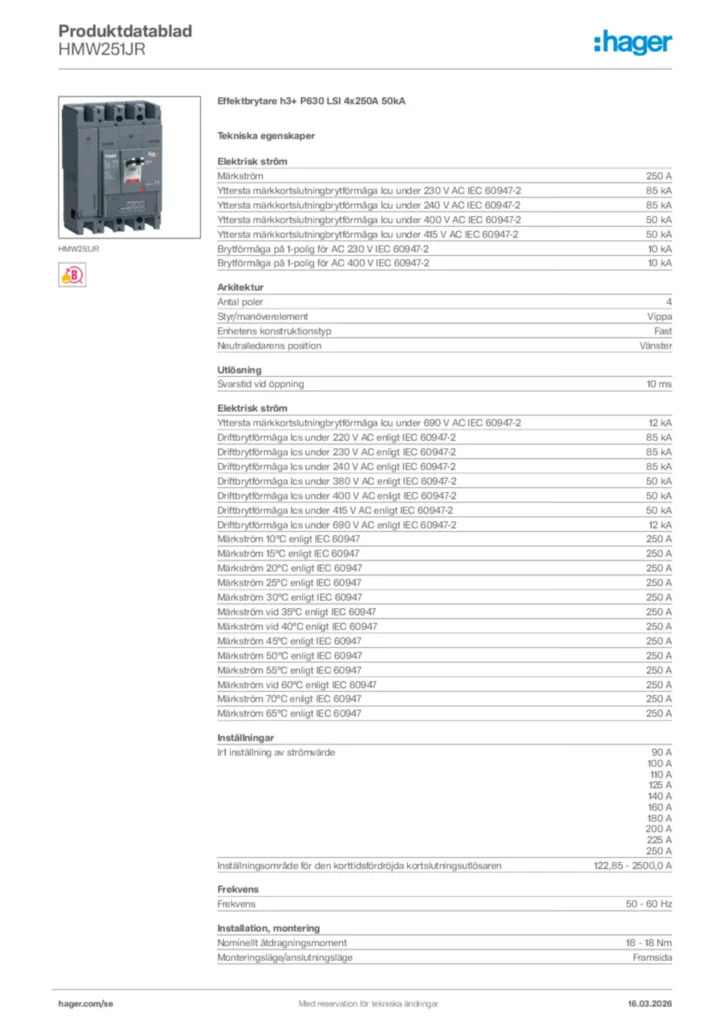 Bild Hager Produktdatablad HMW251JR | Hager Sverige