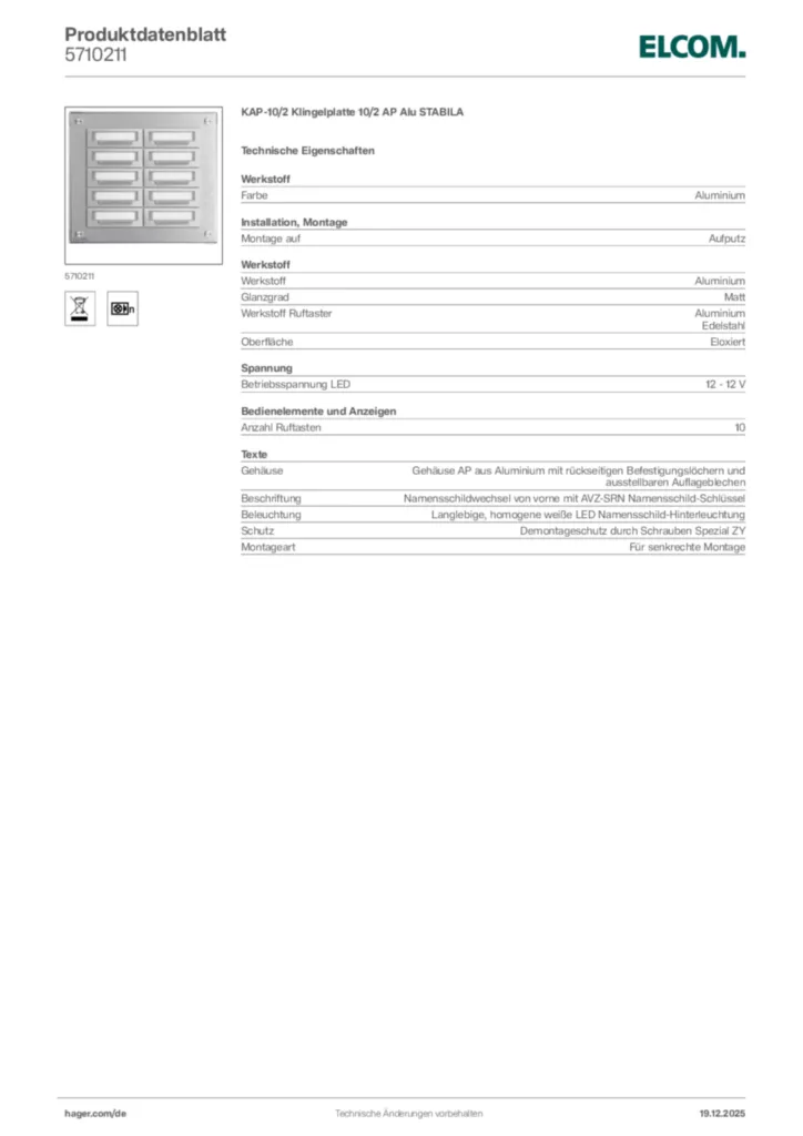 Bild Elcom Produktdatenblatt 5710211 | Hager Deutschland