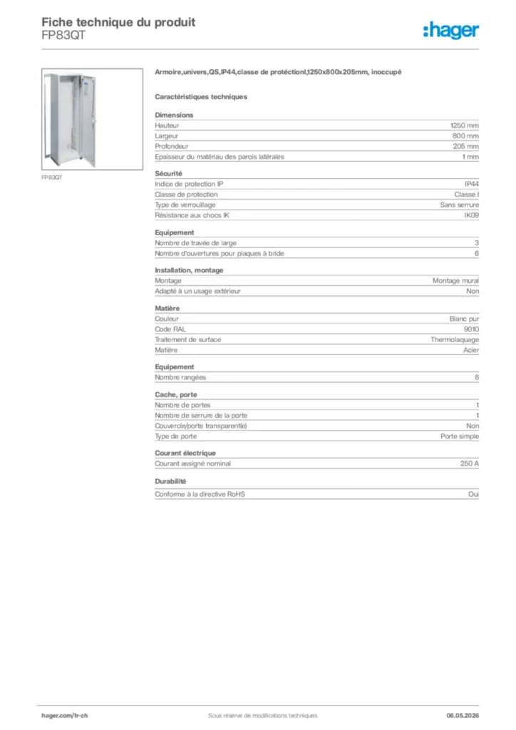 Image Hager Fiche technique du produit FP83QT | Hager Suisse