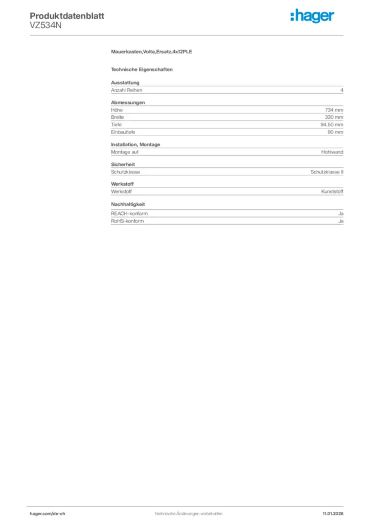 Bild Hager Produktdatenblatt VZ534N | Hager Schweiz
