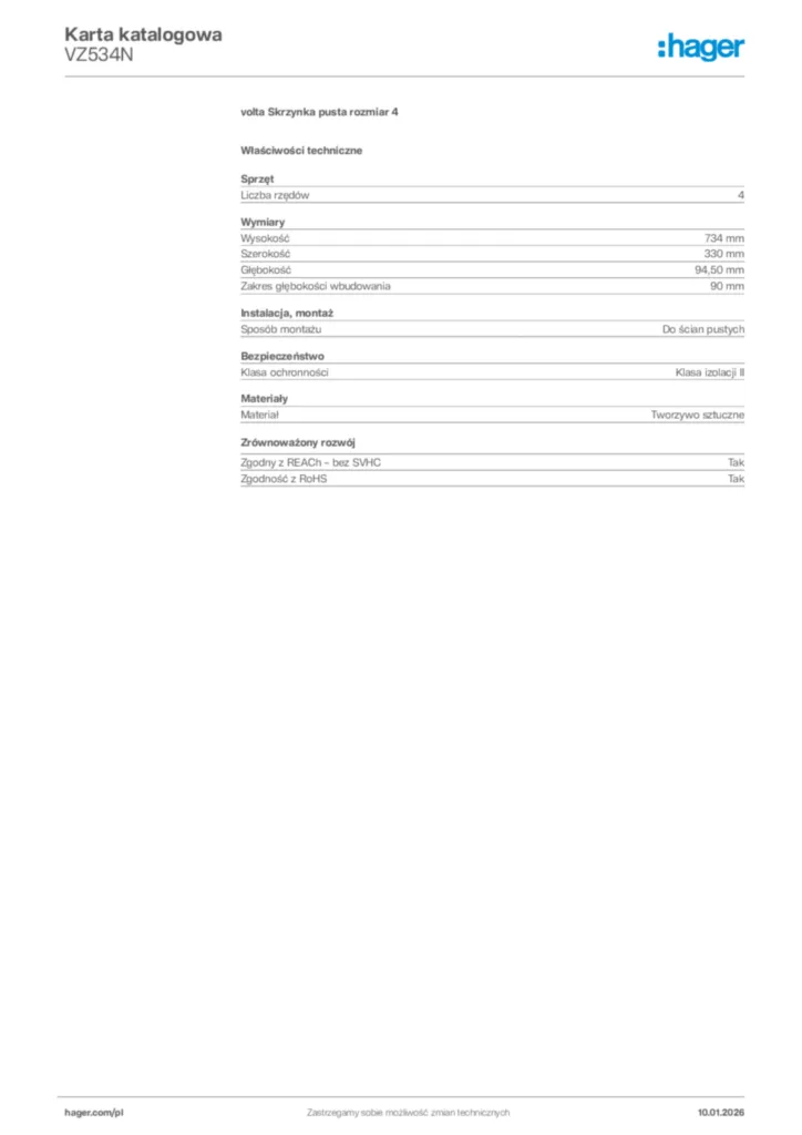Zdjęcie Hager Karta katalogowa VZ534N | Hager Polska