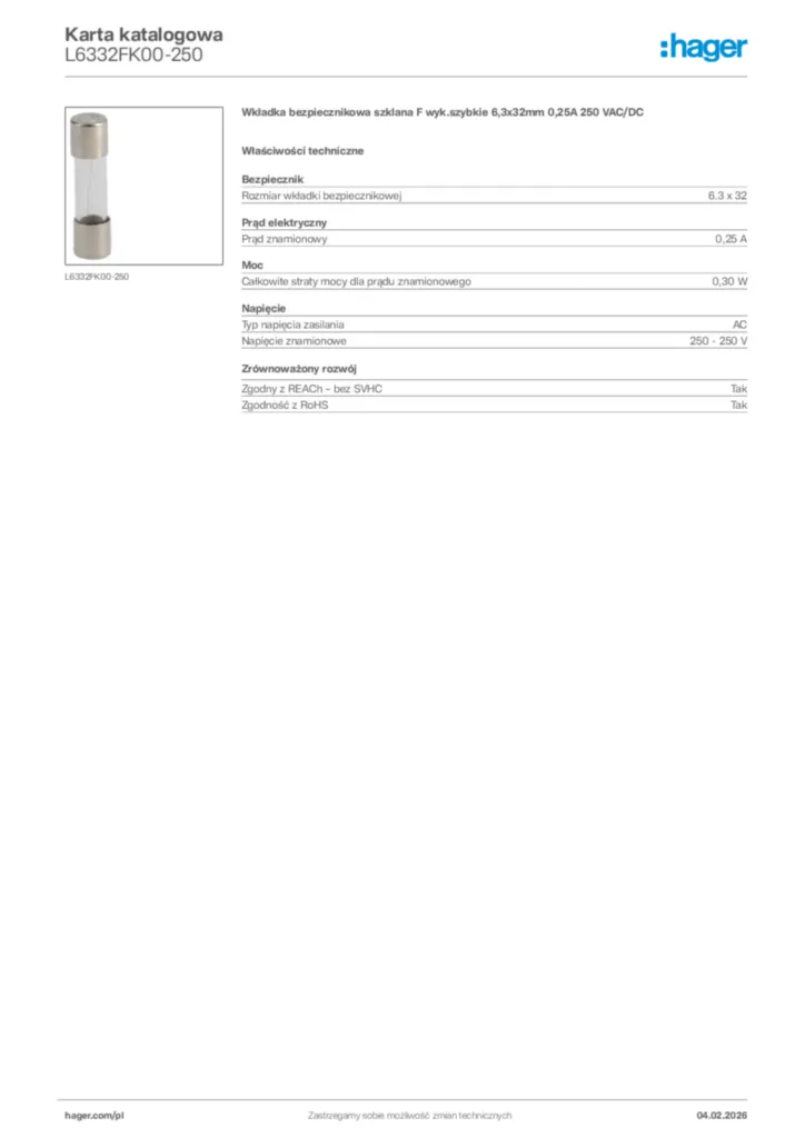 Zdjęcie Hager Karta katalogowa L6332FK00-250 | Hager Polska