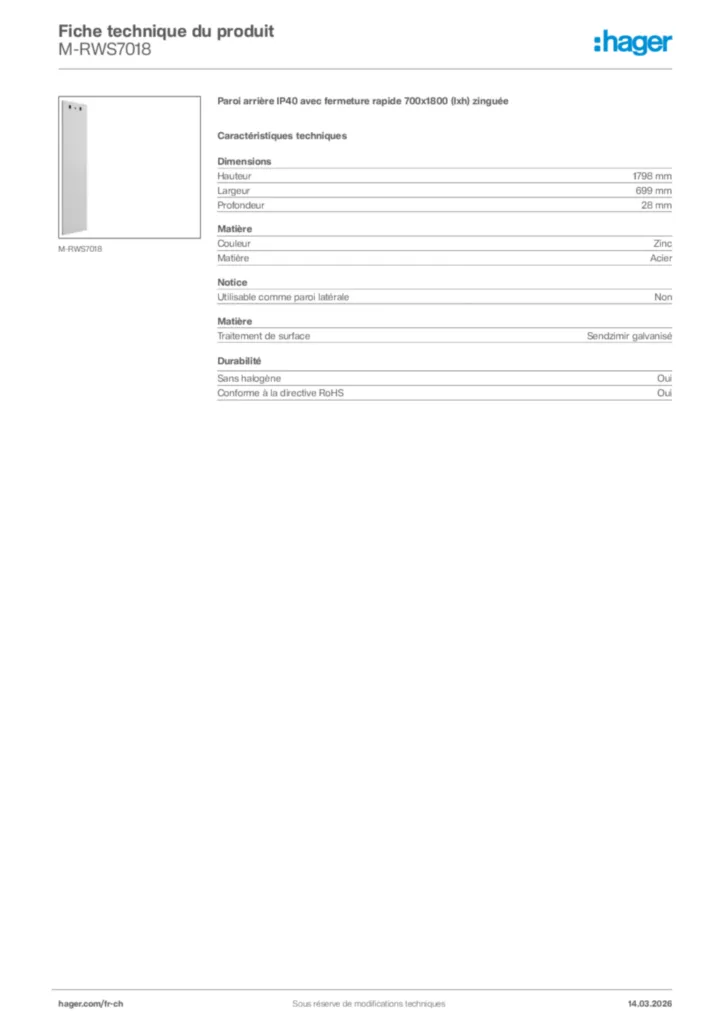 Image Hager Fiche technique du produit M-RWS7018 | Hager Suisse