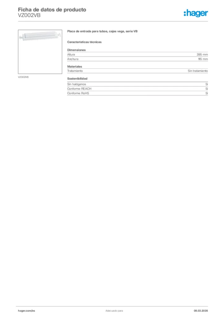 Imagen Hager Ficha de datos de producto VZ002VB | Hager España