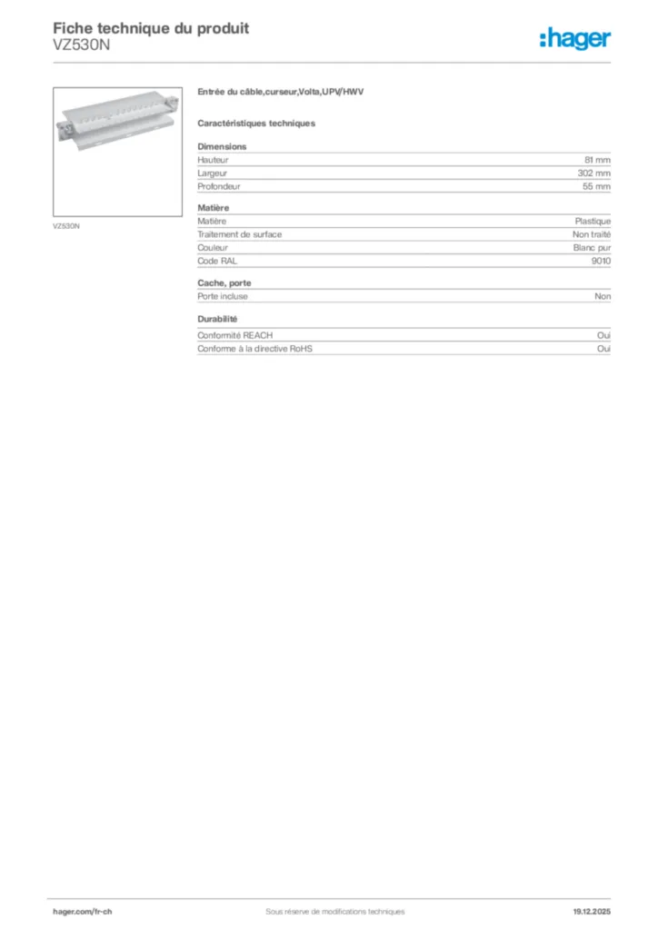 Image Hager Fiche technique du produit VZ530N | Hager Suisse