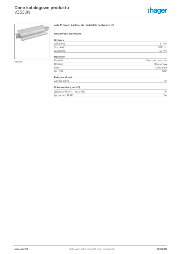 Zdjęcie Hager Karta katalogowa VZ530N | Hager Polska