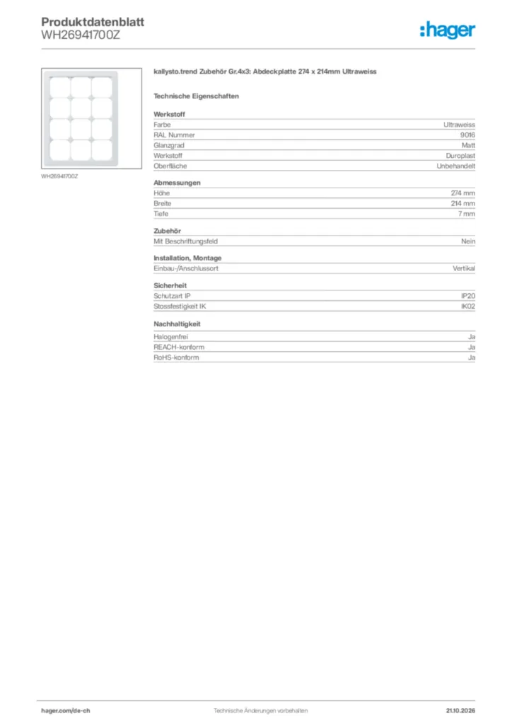 Bild Hager Produktdatenblatt WH26941700Z | Hager Schweiz