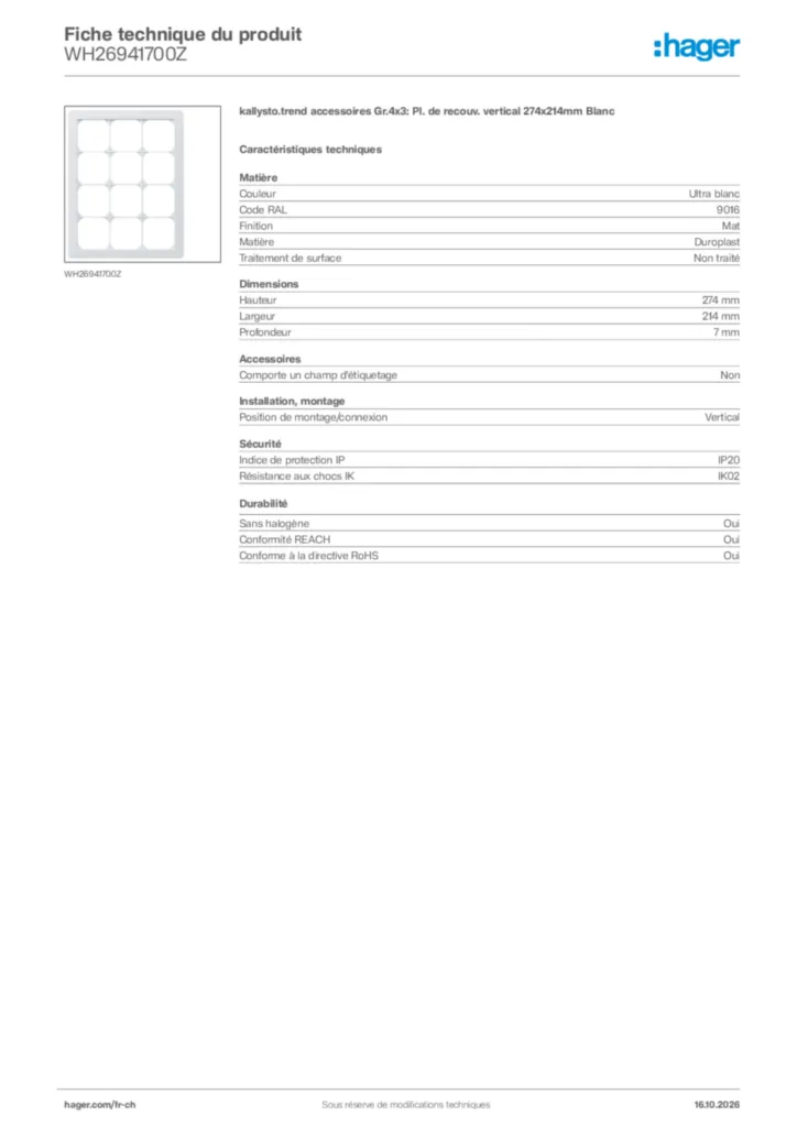 Image Hager Fiche technique du produit WH26941700Z | Hager Suisse