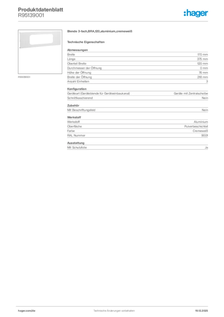 Bild Hager Produktdatenblatt R95139001 | Hager Deutschland