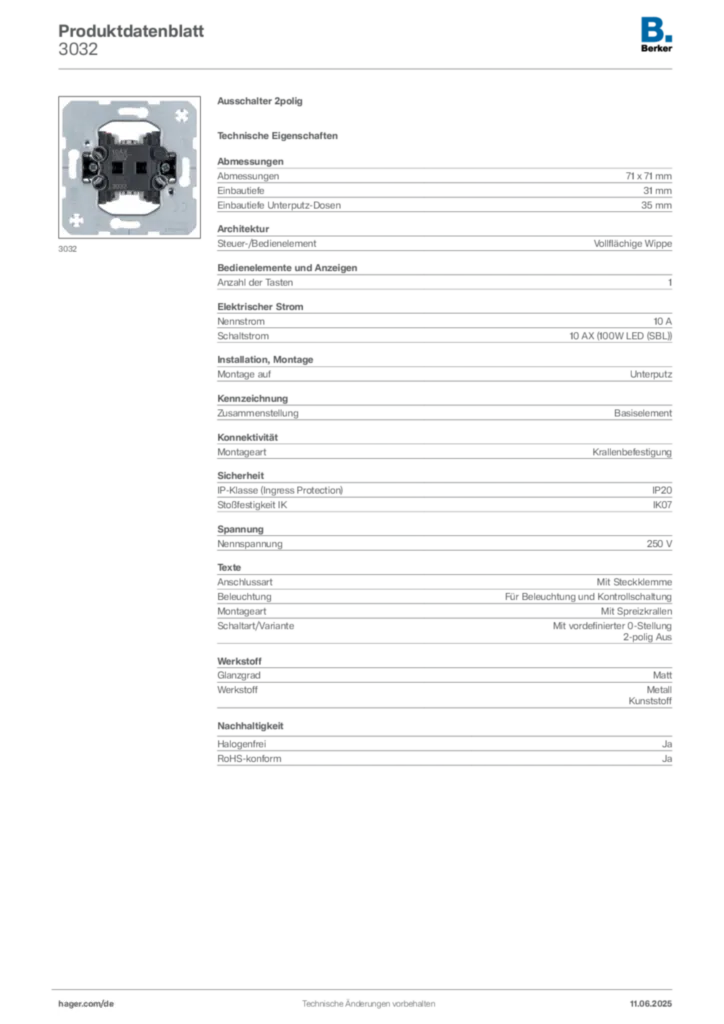 Berker Produktdatenblatt 3032