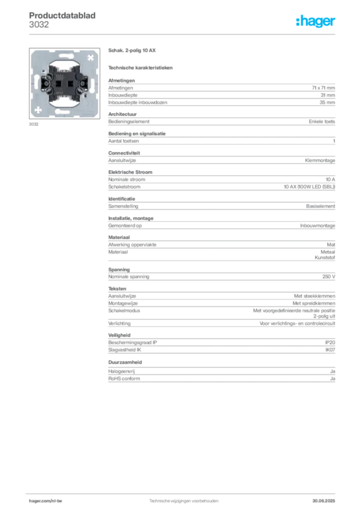 Afbeelding Hager Productdatablad 3032 | Hager Belgium