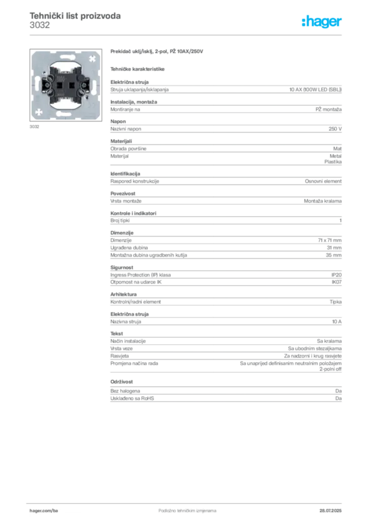 Slika Hager Product data sheet 3032  | Hager