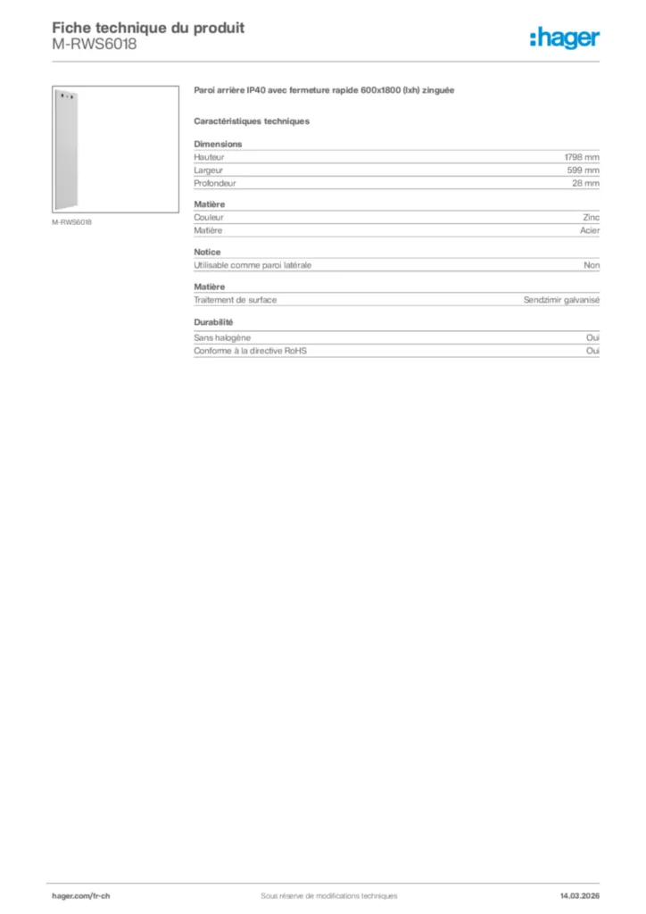 Image Hager Fiche technique du produit M-RWS6018 | Hager Suisse