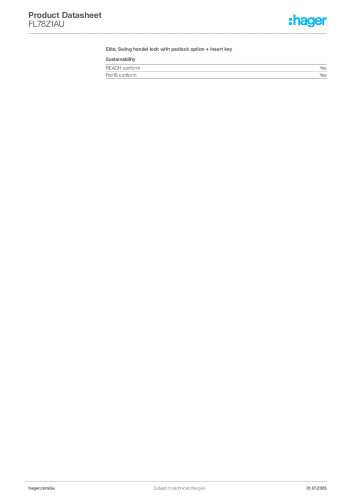 Image Hager Product data sheet FL78Z1AU  | Hager Australia