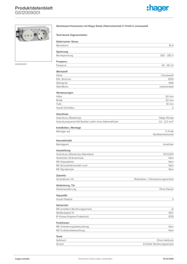 Bild Hager Produktdatenblatt GS12009001 | Hager Deutschland