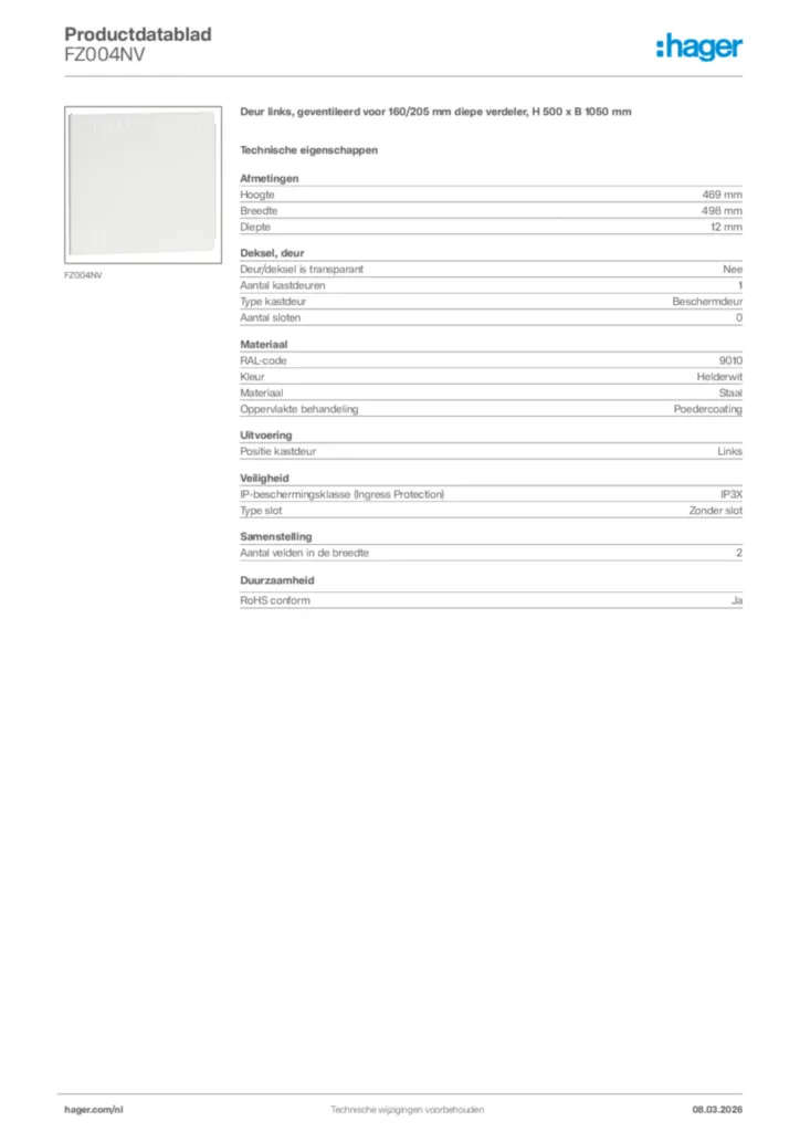 Afbeelding Hager Productdatablad FZ004NV | Hager Nederland