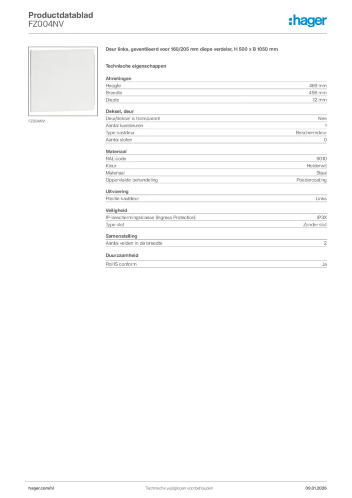 Afbeelding Hager Productdatablad FZ004NV | Hager Nederland