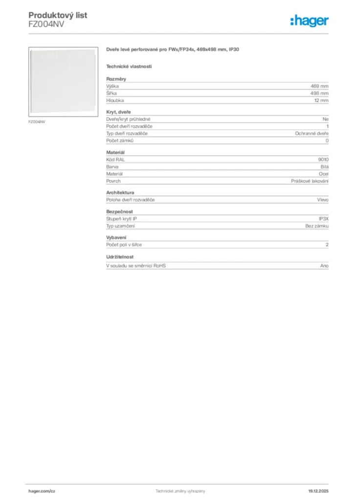 Obrázek Hager Produktový list FZ004NV | Hager